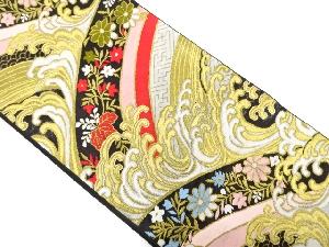 アンティーク 荒波に草花・古典柄模様織出し袋帯(着用可)